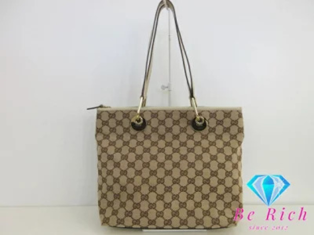 Gucci GG Canvas Tote Bag Beige Leather Shoulder